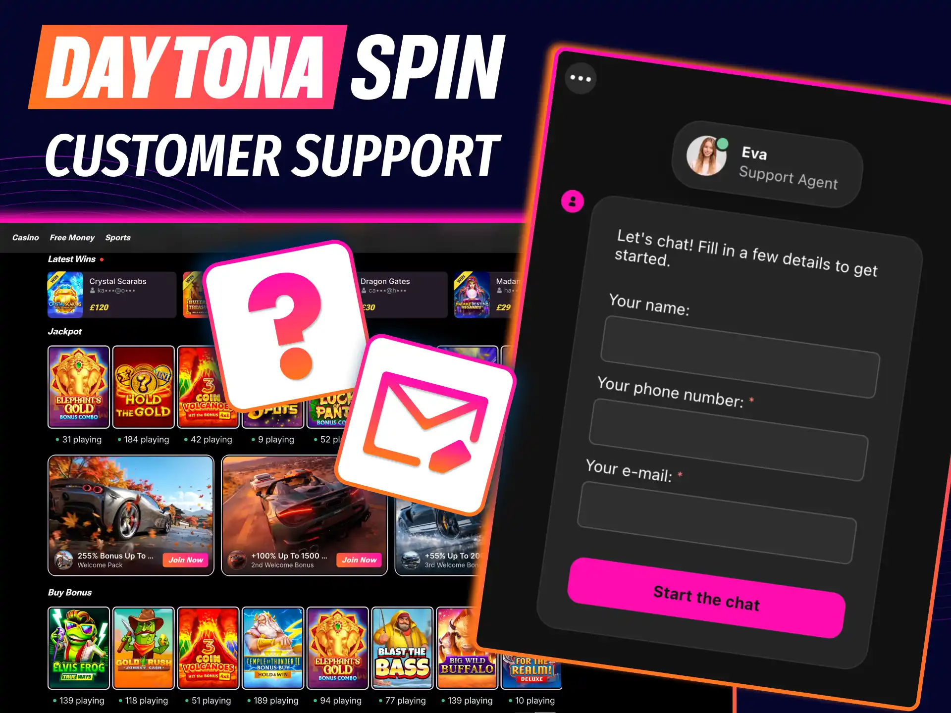 Customer help at Daytona Spin with trained agents and fast issue resolution.