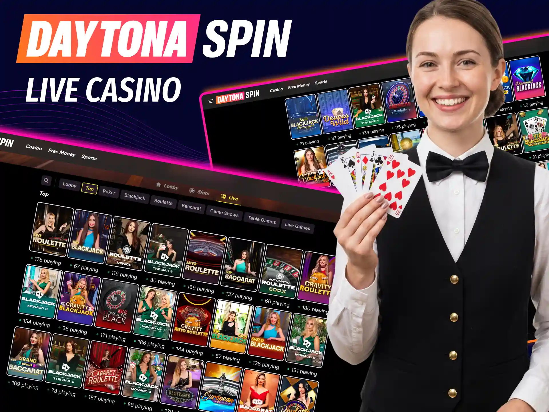 Real‑time Daytona Spin casino action featuring blackjack, roulette and baccarat.