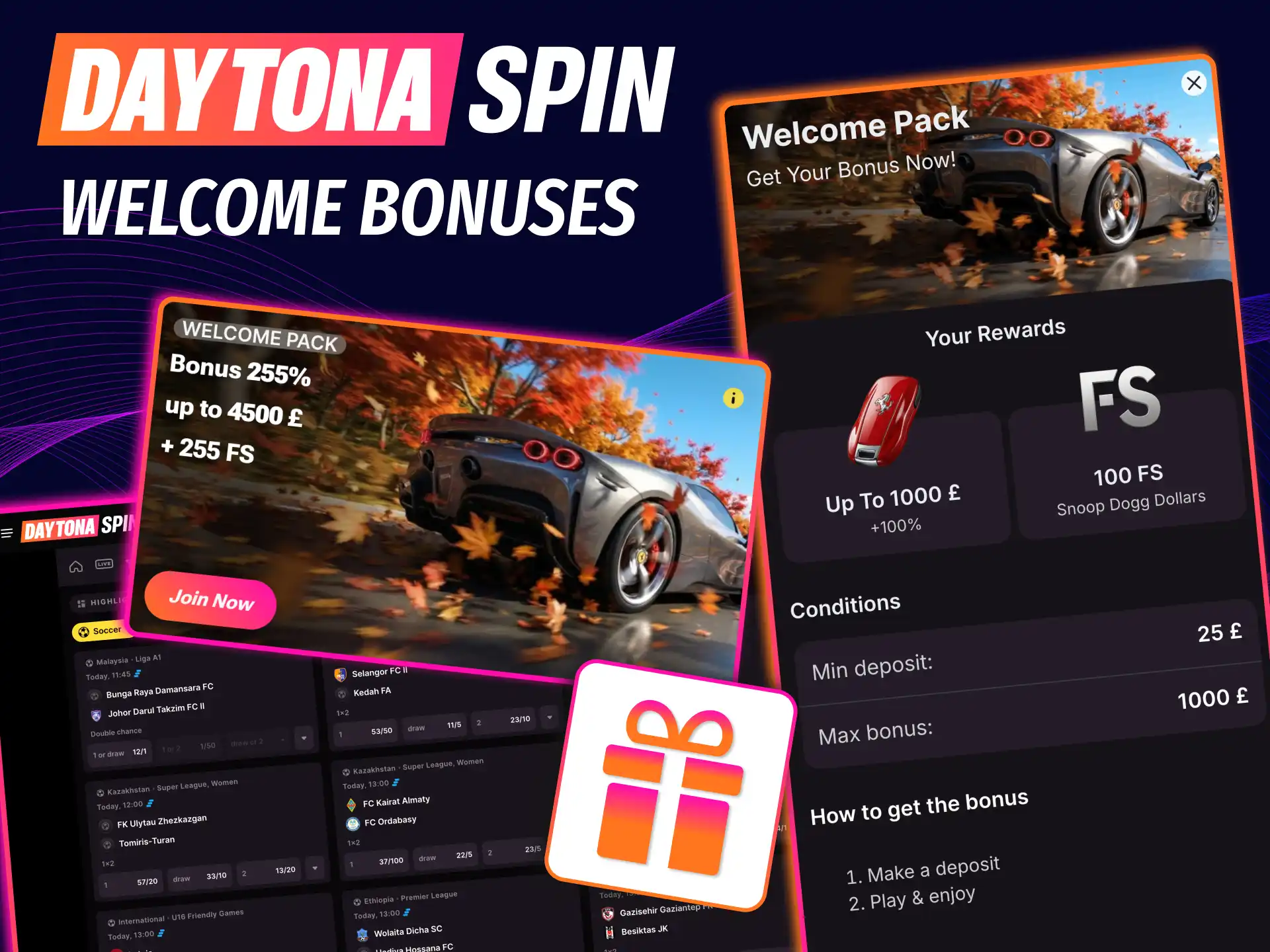 Big Daytona Spin first deposit offer covering casino and sports sections.